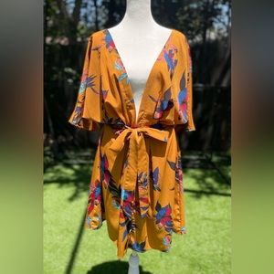 Brown Floeal Deep V Open Back Dress. Size XL.